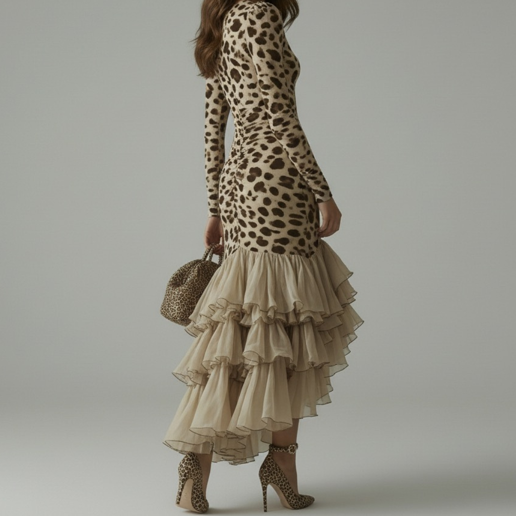 Celeste Leopard Ruffle Midi Dress