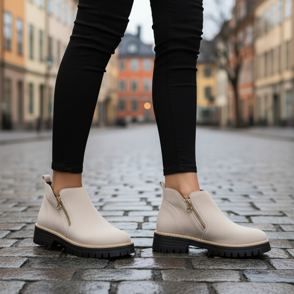 Beige boots - Stockholm street walking
