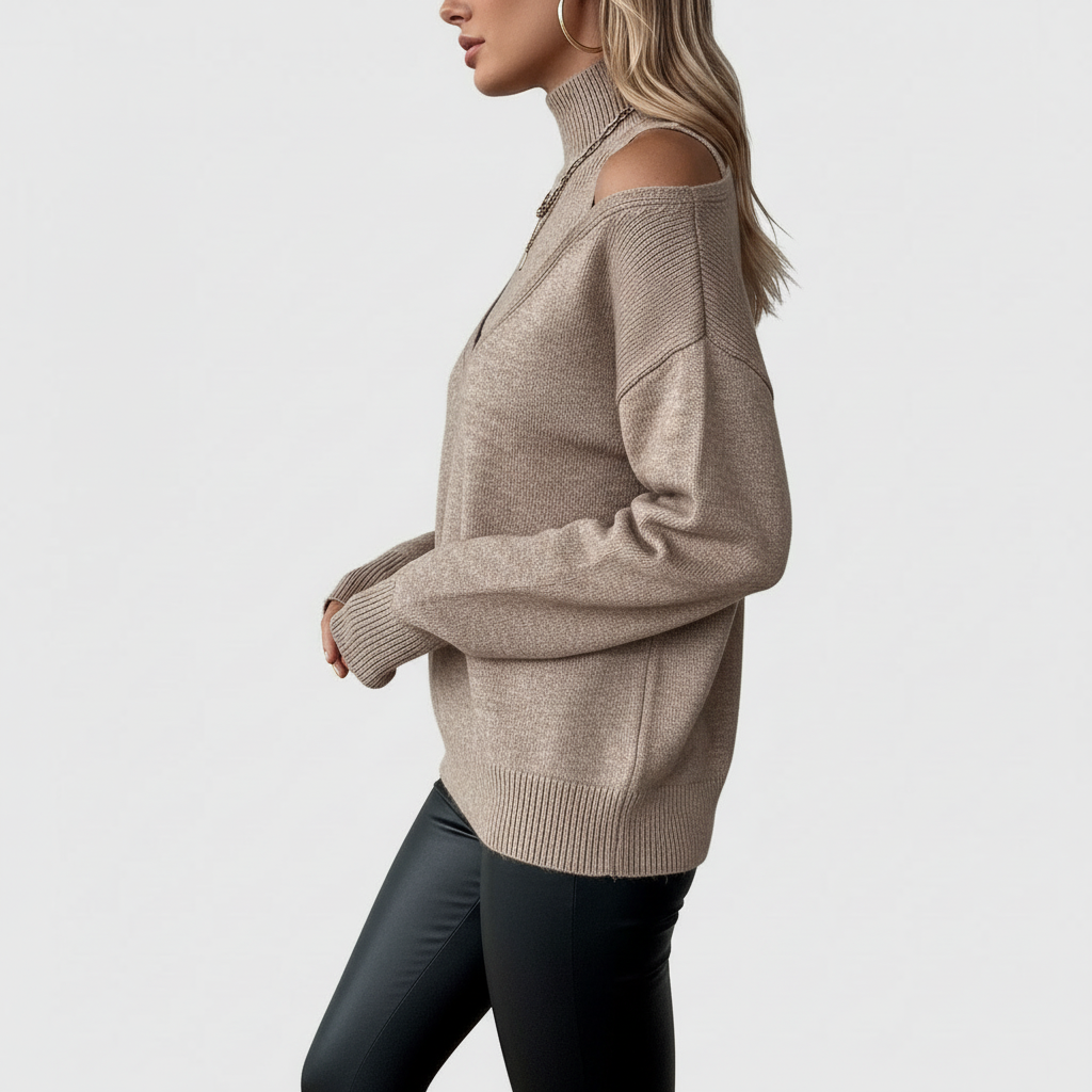 Beige cold-shoulder sweater side view