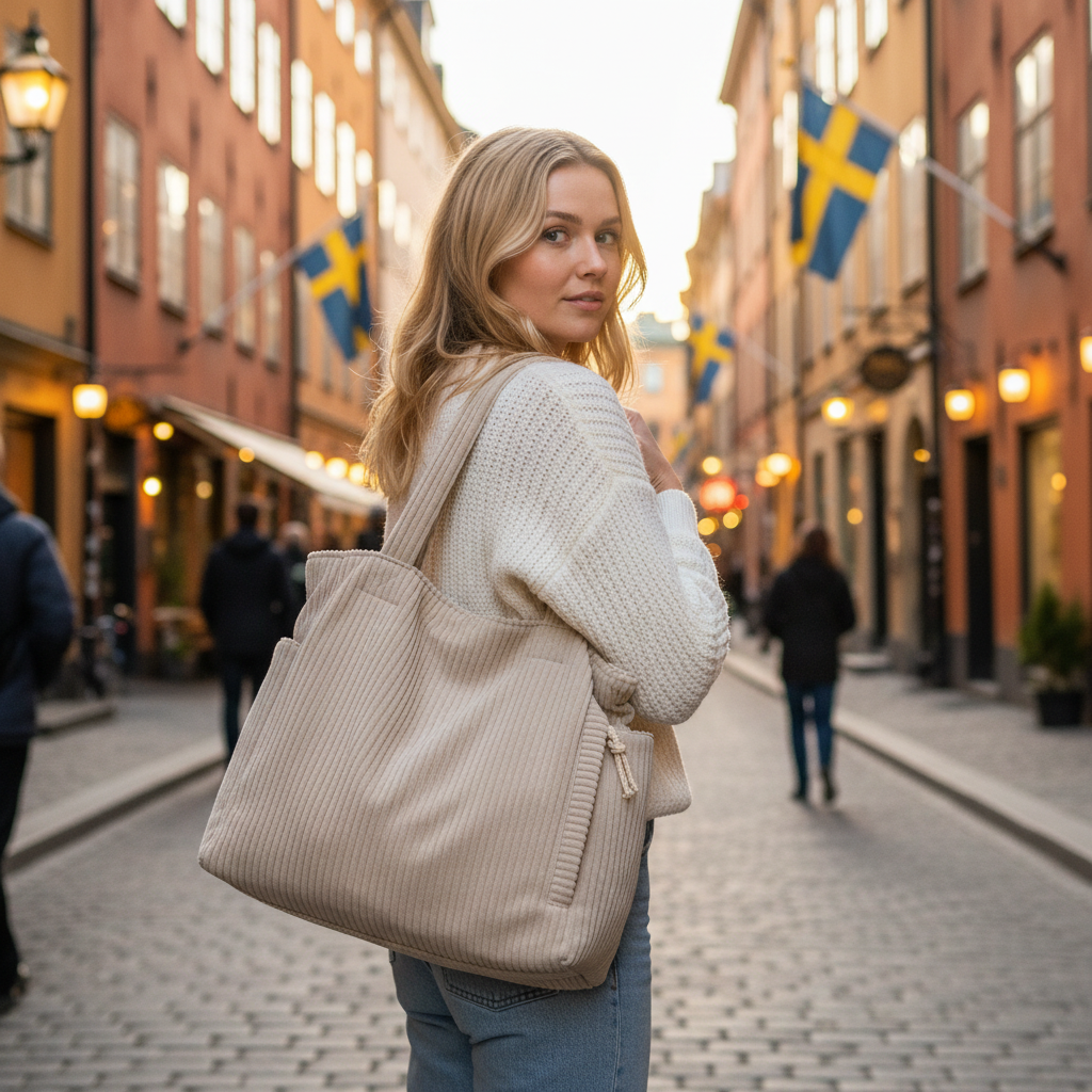 Beige Corduroy Tote - No Visible Straps