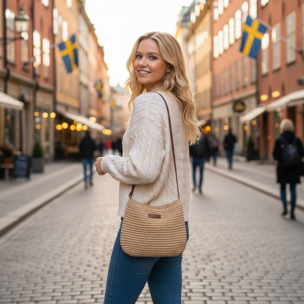 Beige Crochet Bag - Small Size, Looking Back