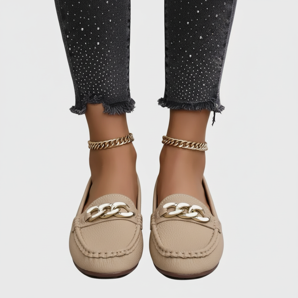 Beige leather loafers front view