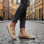 Beige loafers - crossing street
