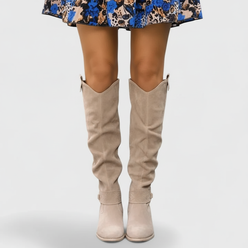 Beige suede over-the-knee boots front view
