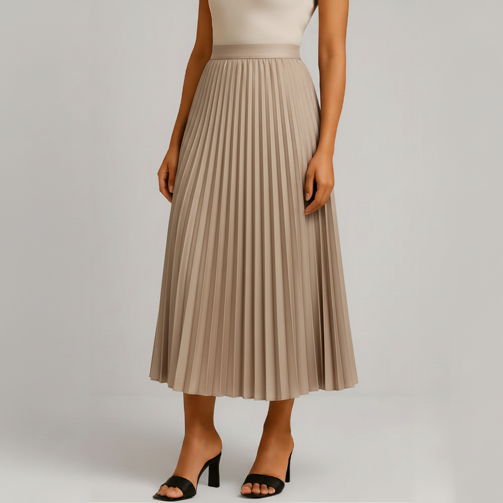 Beige taupe pleated skirt on model
