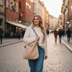 Beige Woven Straw Bag - Walking Forward Glancing Side
