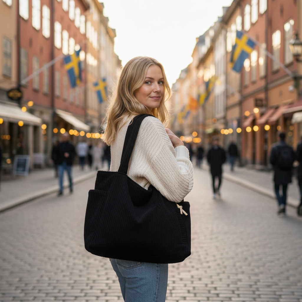 Black Corduroy Tote - No Visible Straps