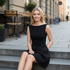 Black dress - sitting on cafe steps