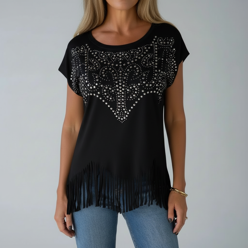 Black embellished fringe top studio shot - matching yellow
