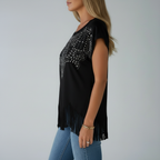 Black embellished fringe top studio shot - side view