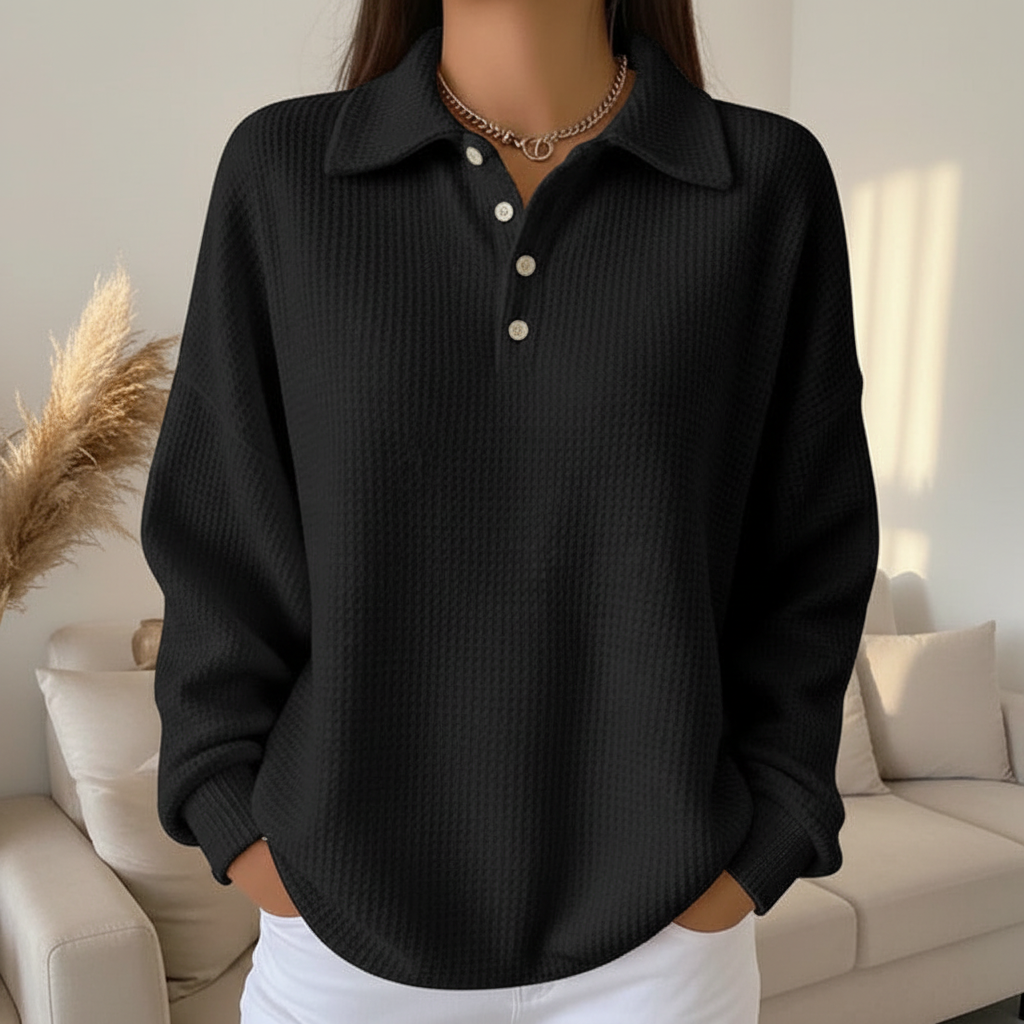 Black knit polo sweater detail shot