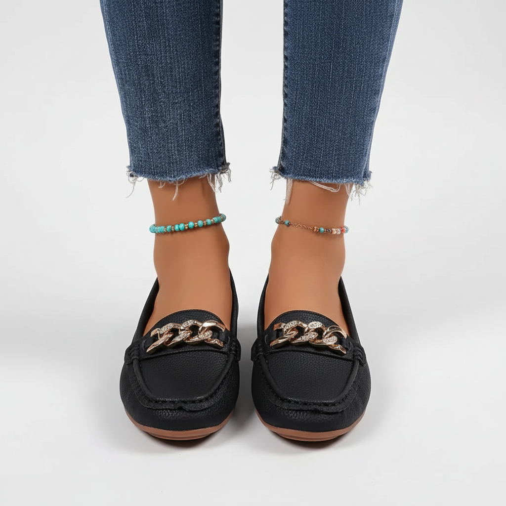 Black leather loafers front view