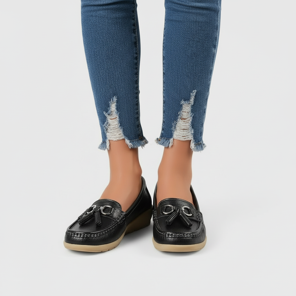 Black leather loafers front view