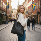 Black Leather Tote - Walking Confidently