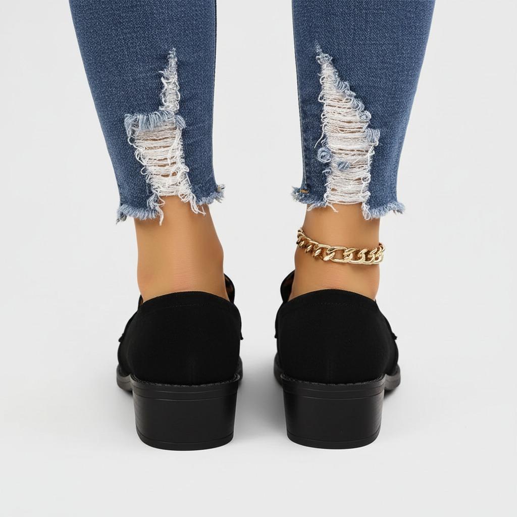 Black leopard print loafers back view