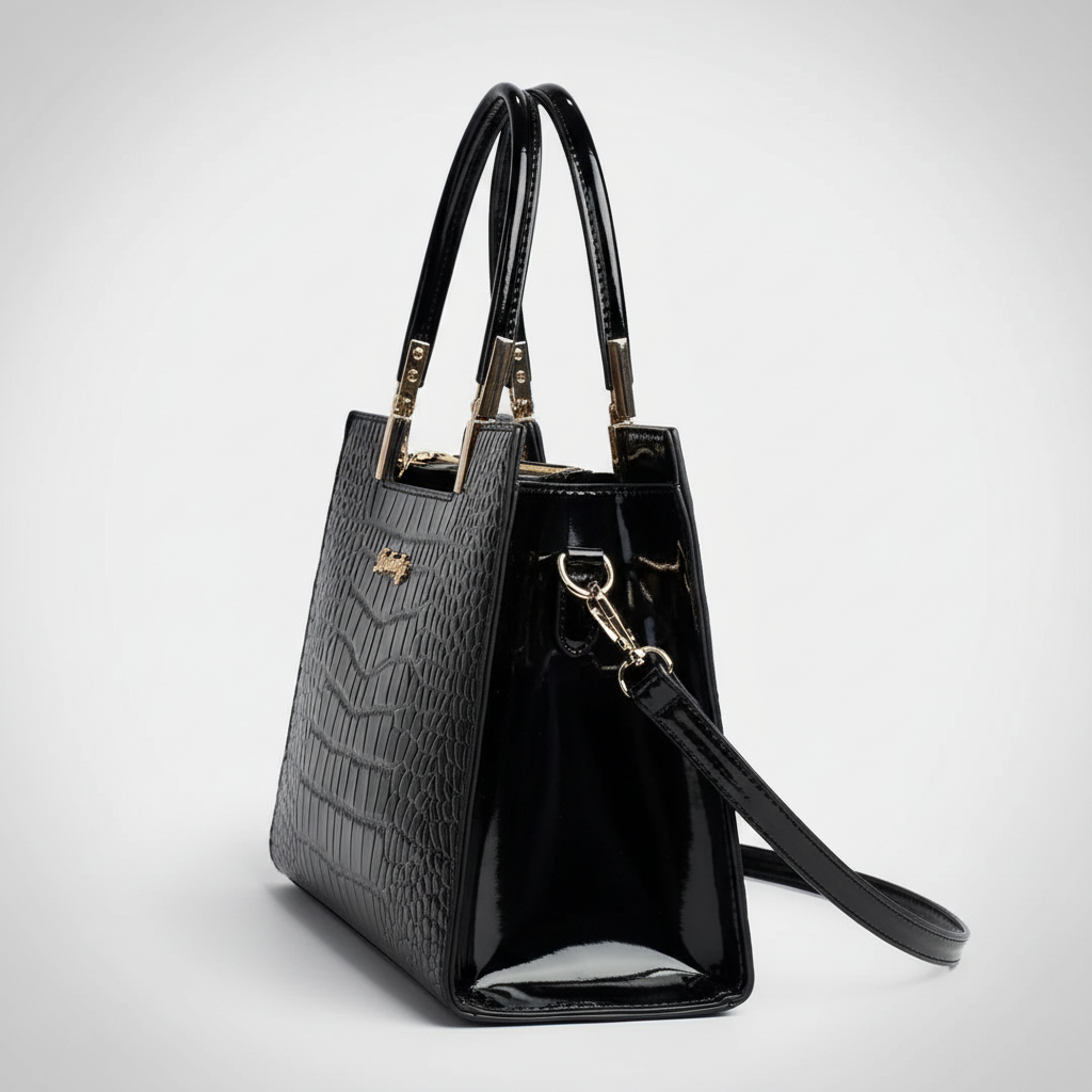 Black patent croc handbag side view