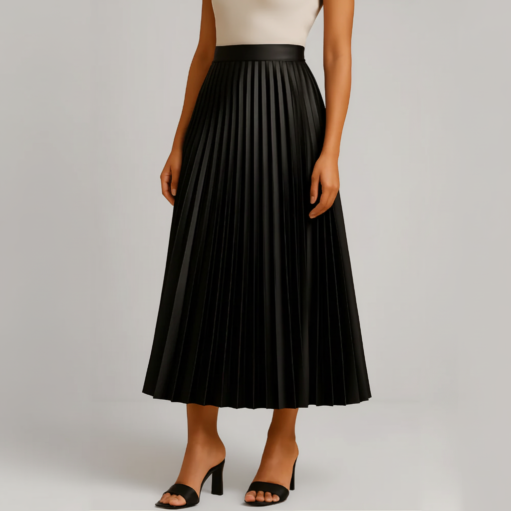 Black pleated midi skirt light gray studio background