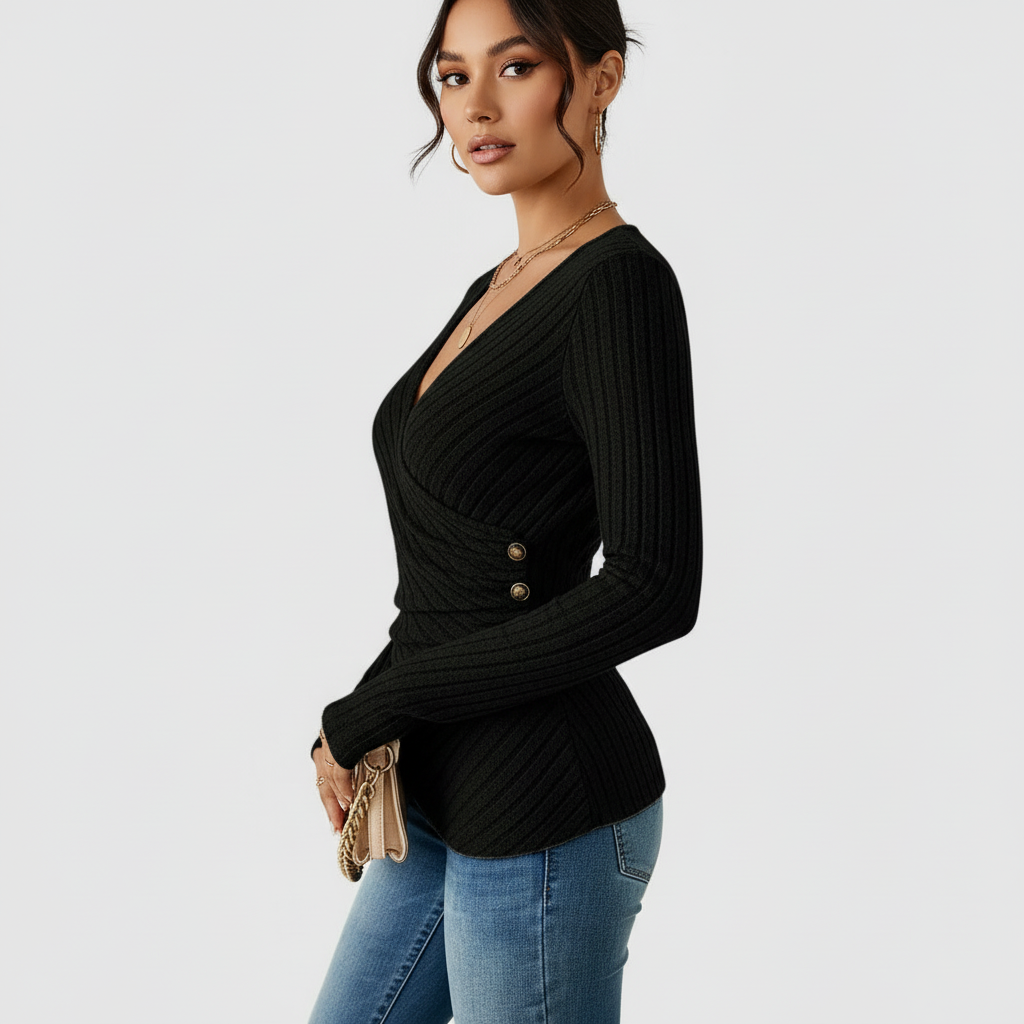 Black ribbed wrap top side view