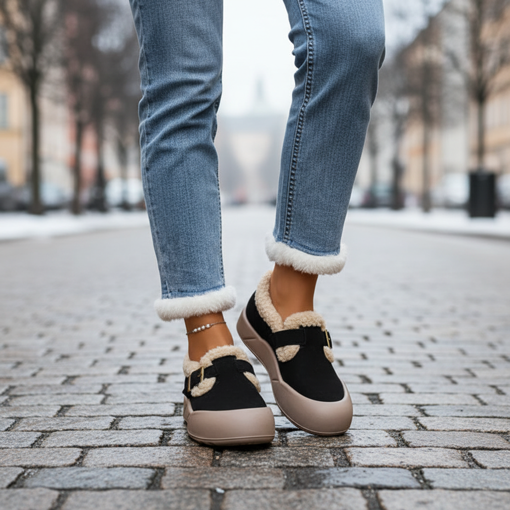 Black sherpa shoes - medium wash jeans, front angle