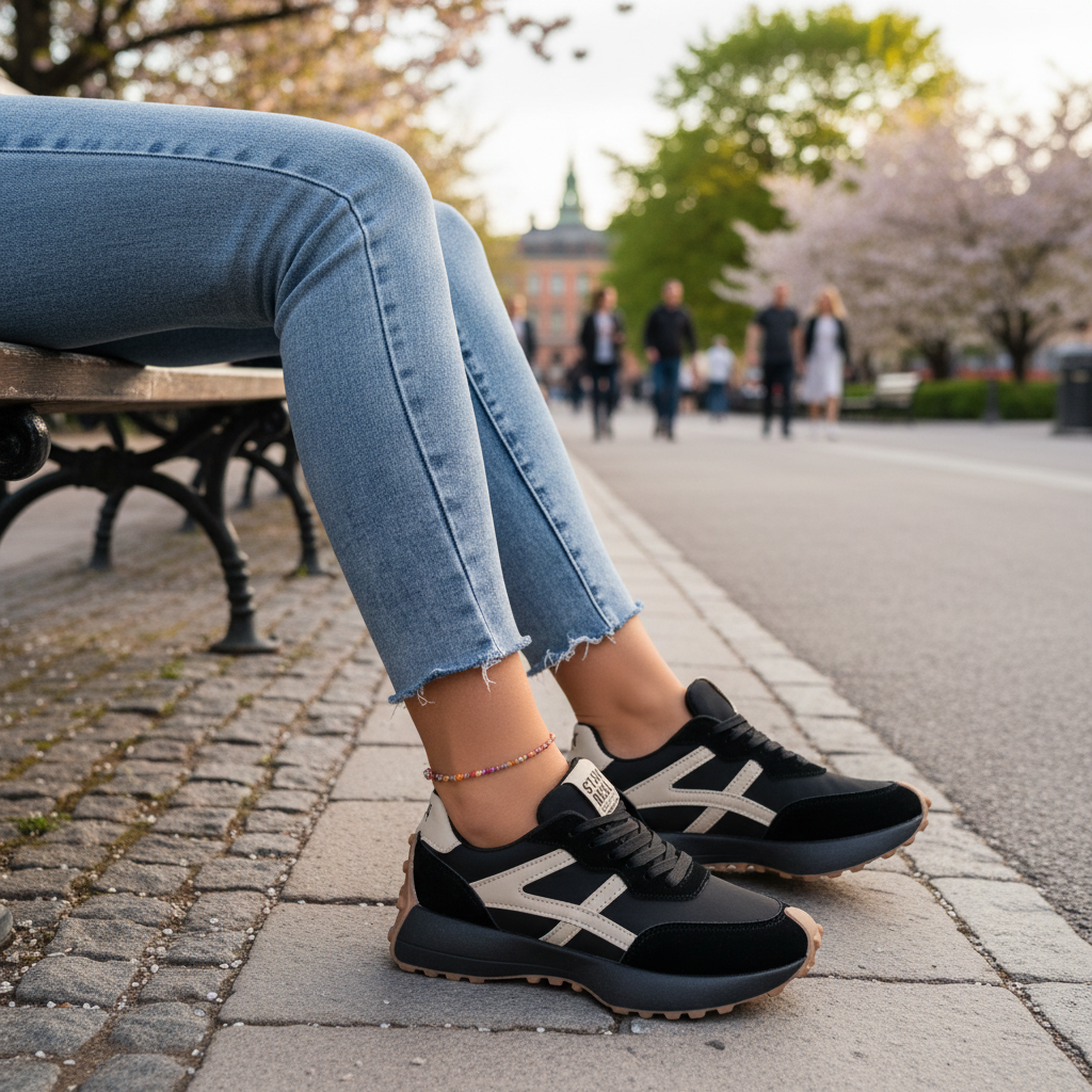 Black Sneakers Park Bench