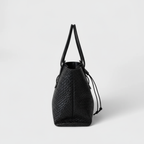 Black woven tote side view