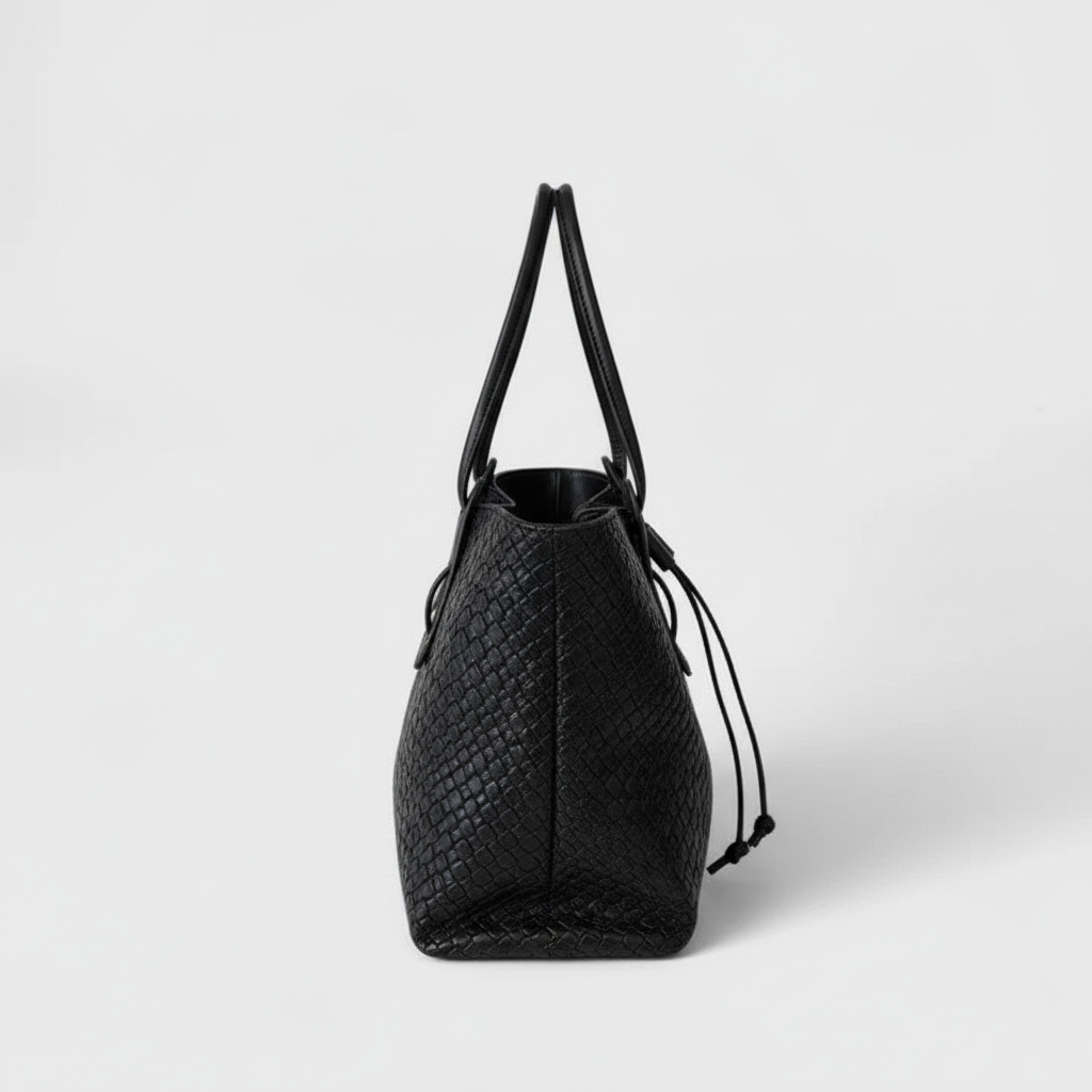 Black woven tote side view