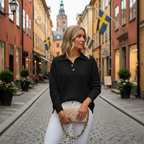 Blonde woman in black knit polo sweater in Stockholm
