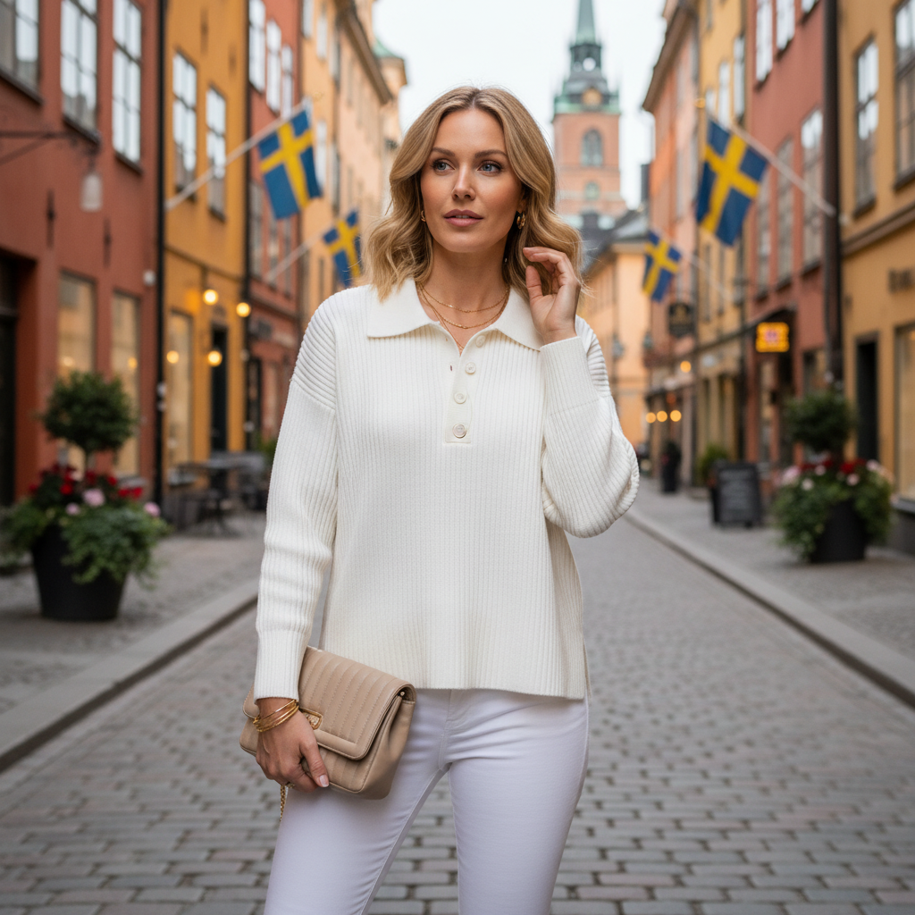 Blonde woman in white knit polo sweater in Stockholm