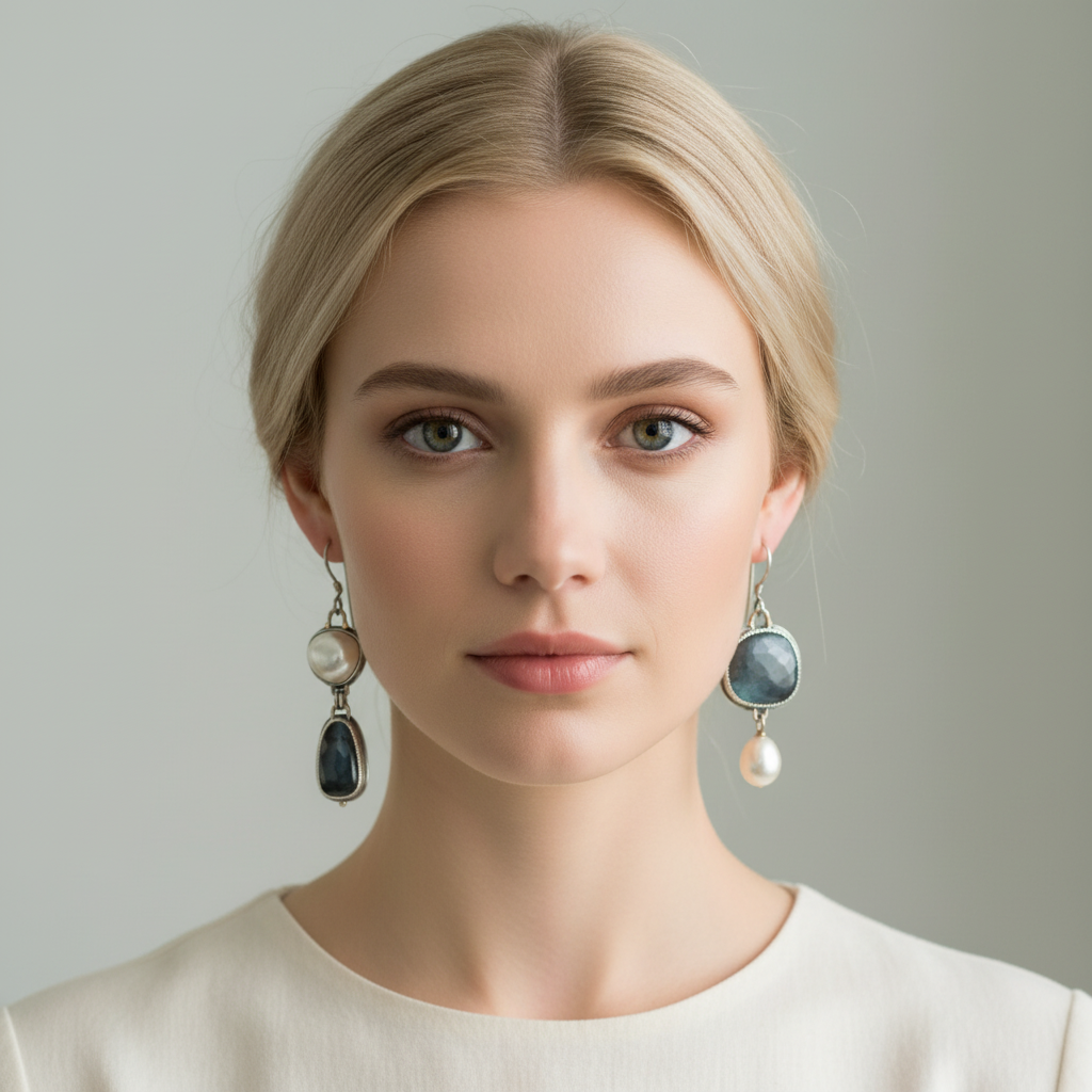 Blonde woman wearing asymmetric earrings front view