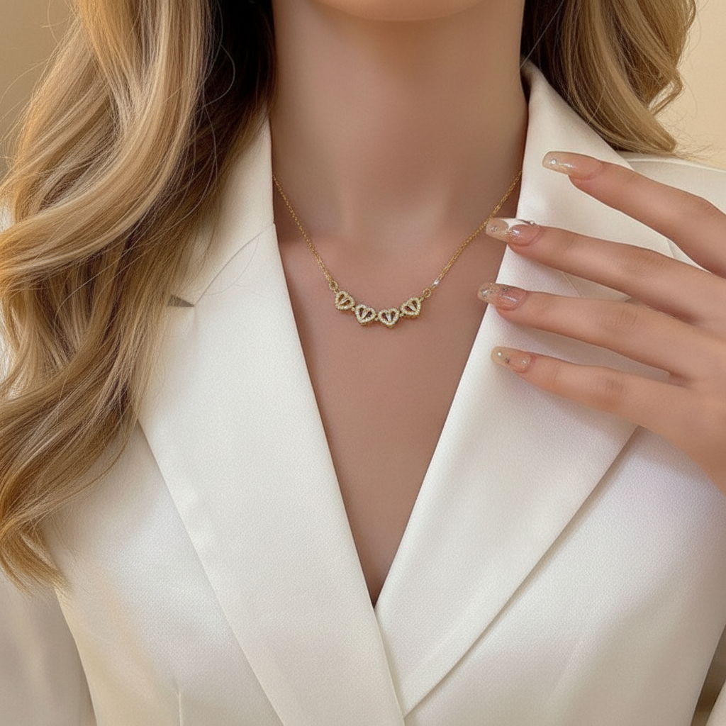 Blonde woman wearing gold 4-heart necklace