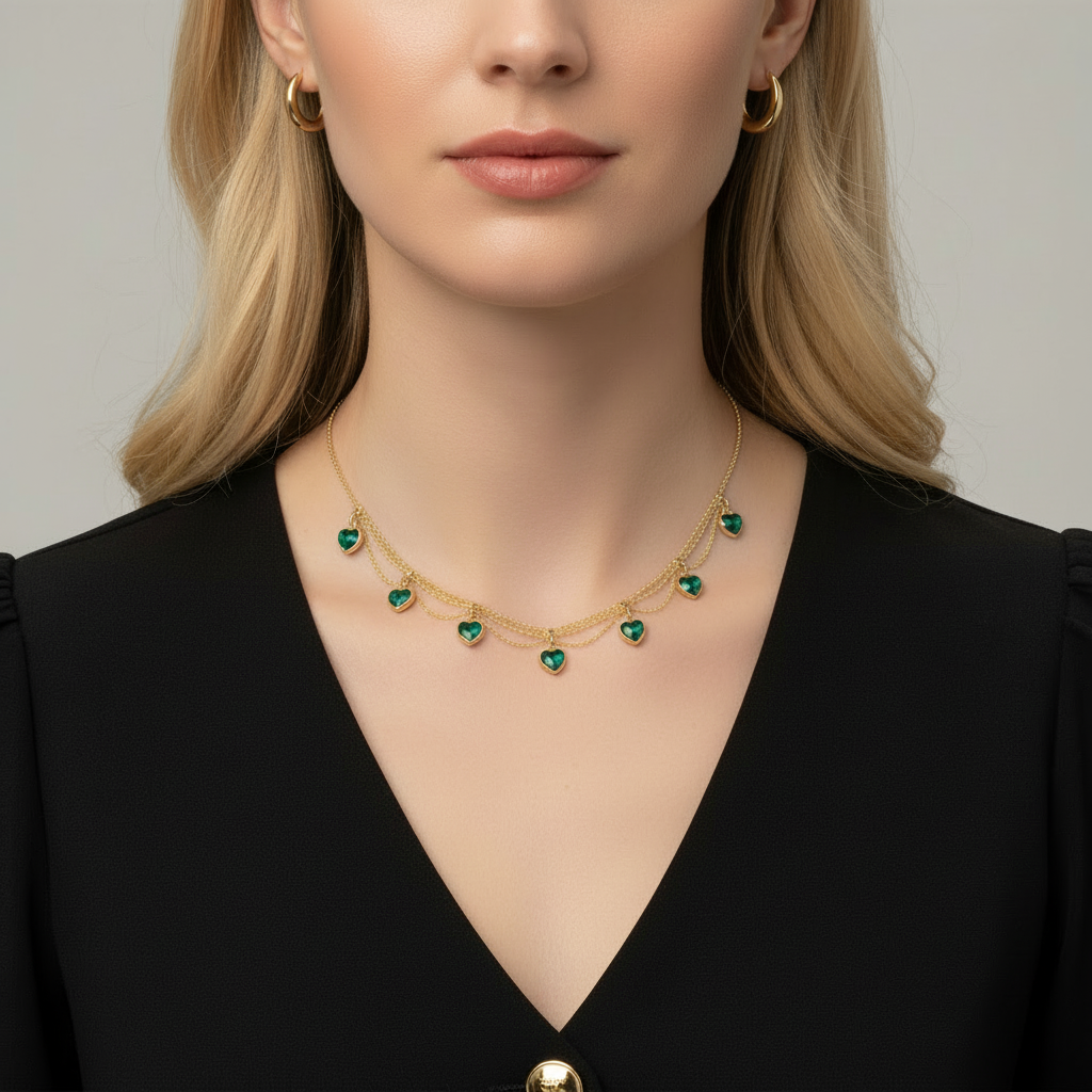 Blonde woman wearing gold necklace with green hearts - single necklace