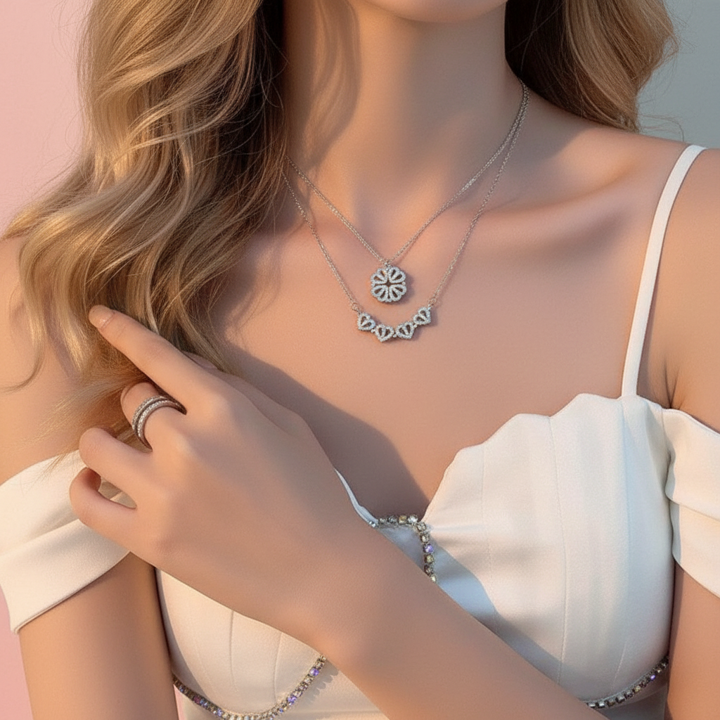 Blonde woman wearing layered silver necklaces