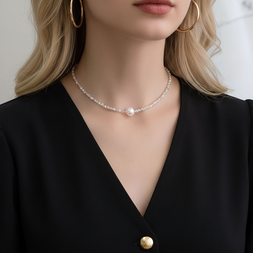 Blonde woman wearing silver beaded pearl choker