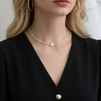 Blonde woman wearing silver beaded pearl choker