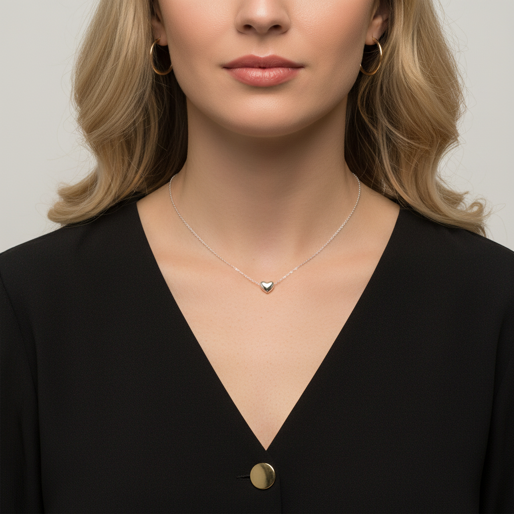 Blonde woman wearing silver heart necklace