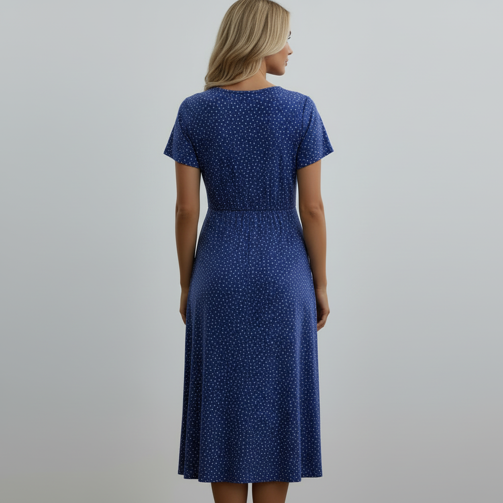 Blue polka dot dress back view