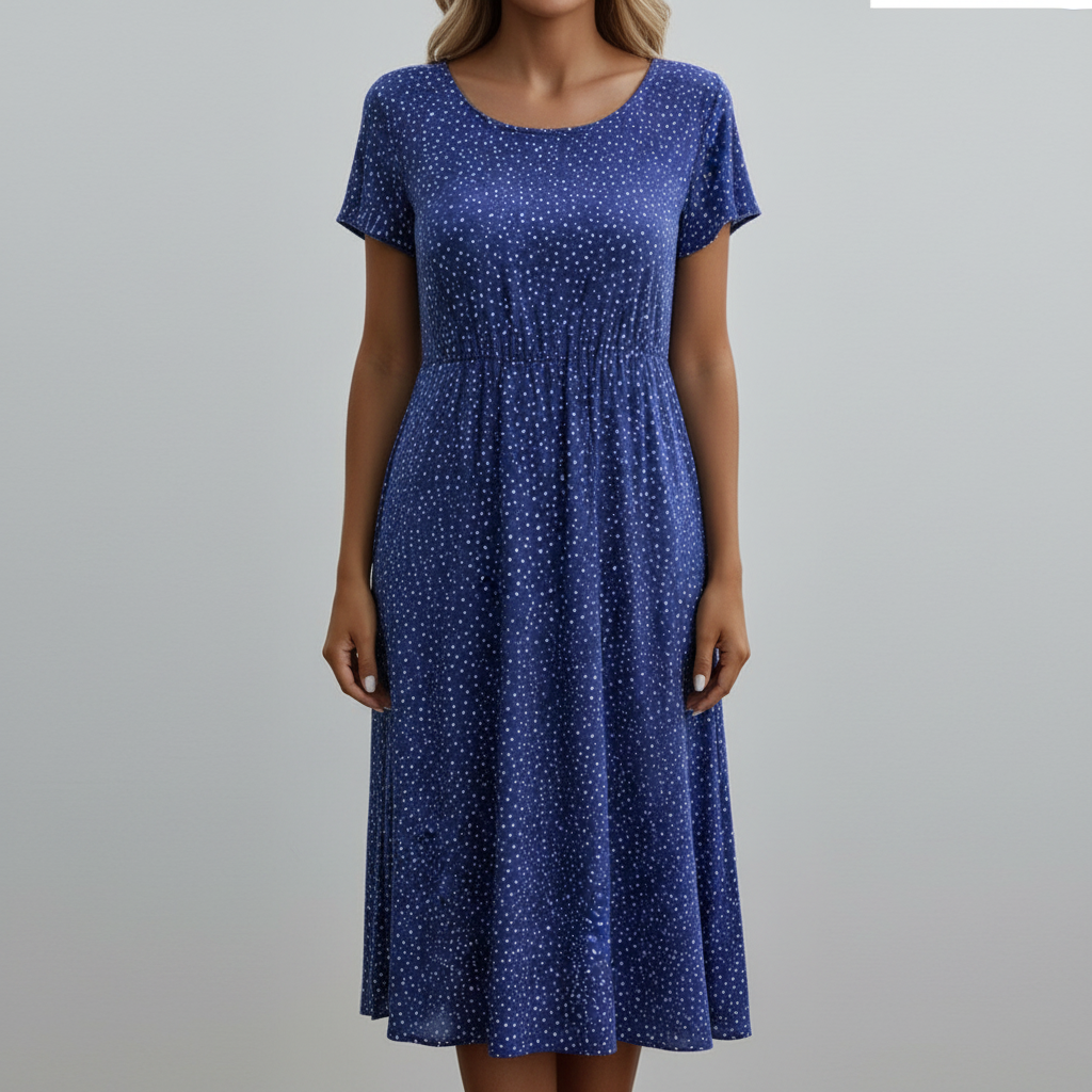 Blue polka dot dress studio shot