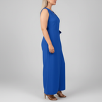 Blue wrap jumpsuit side view
