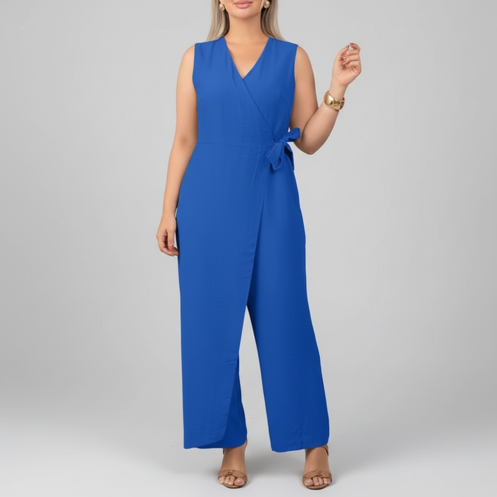 Blue wrap jumpsuit studio shot