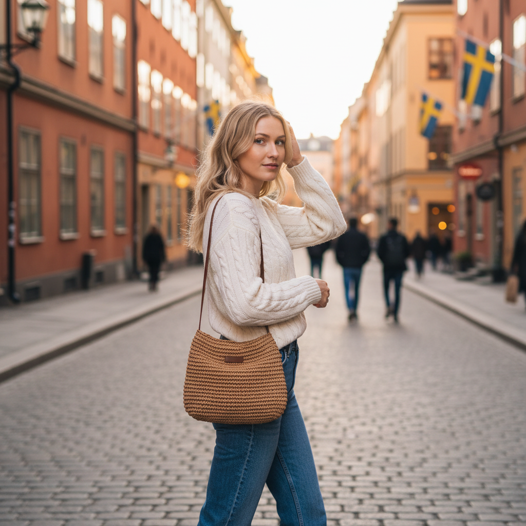 Brown Crochet Bag - Small Size, Walking