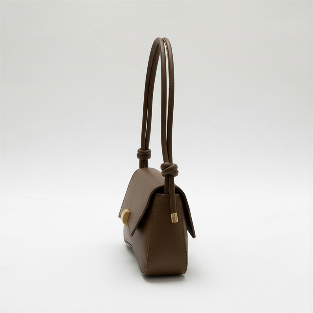 Brown leather shoulder bag side view