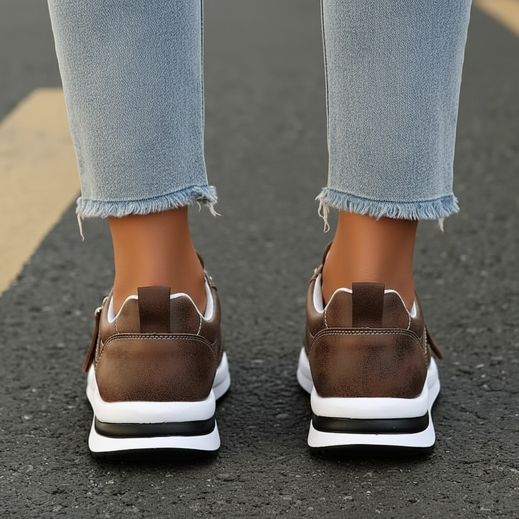 Brown leather sneakers back view