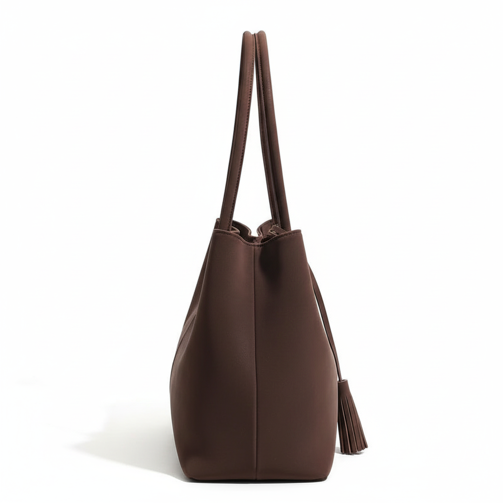 Brown leather tote side view