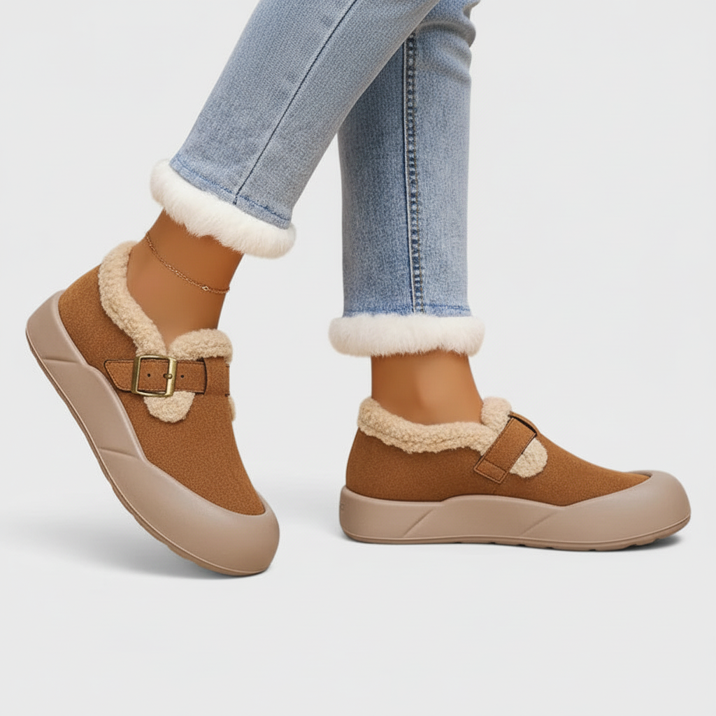 Brown shoes - side walking view