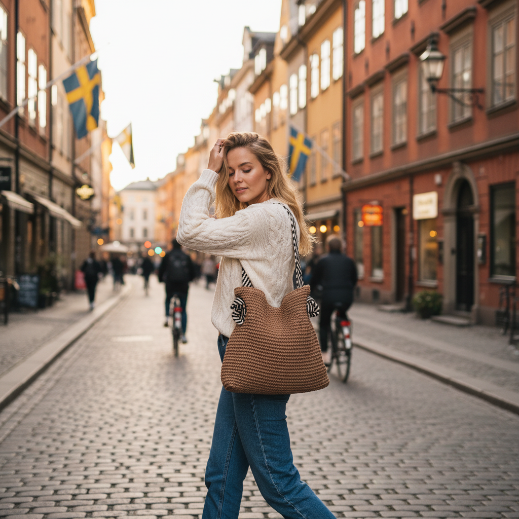 Brown Woven Straw Bag - Walking with Hand in Hair