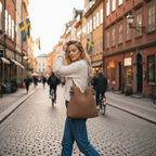 Brown Woven Straw Bag - Walking with Hand in Hair