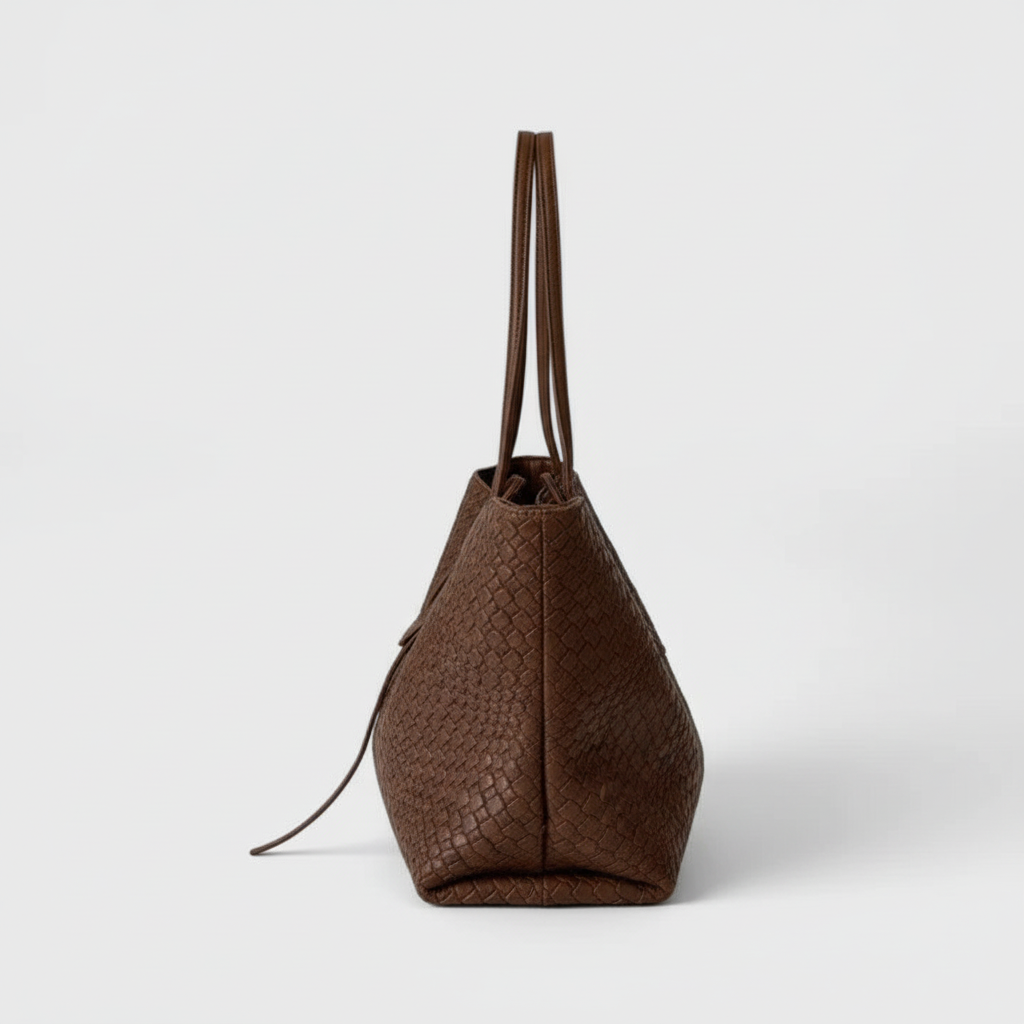 Brown woven tote side view