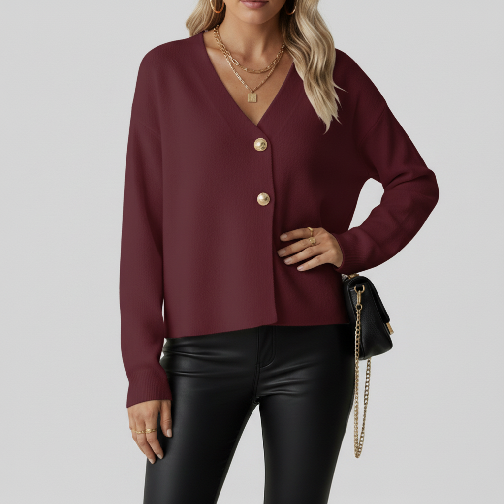 Burgundy cardigan on model - 1024x1024