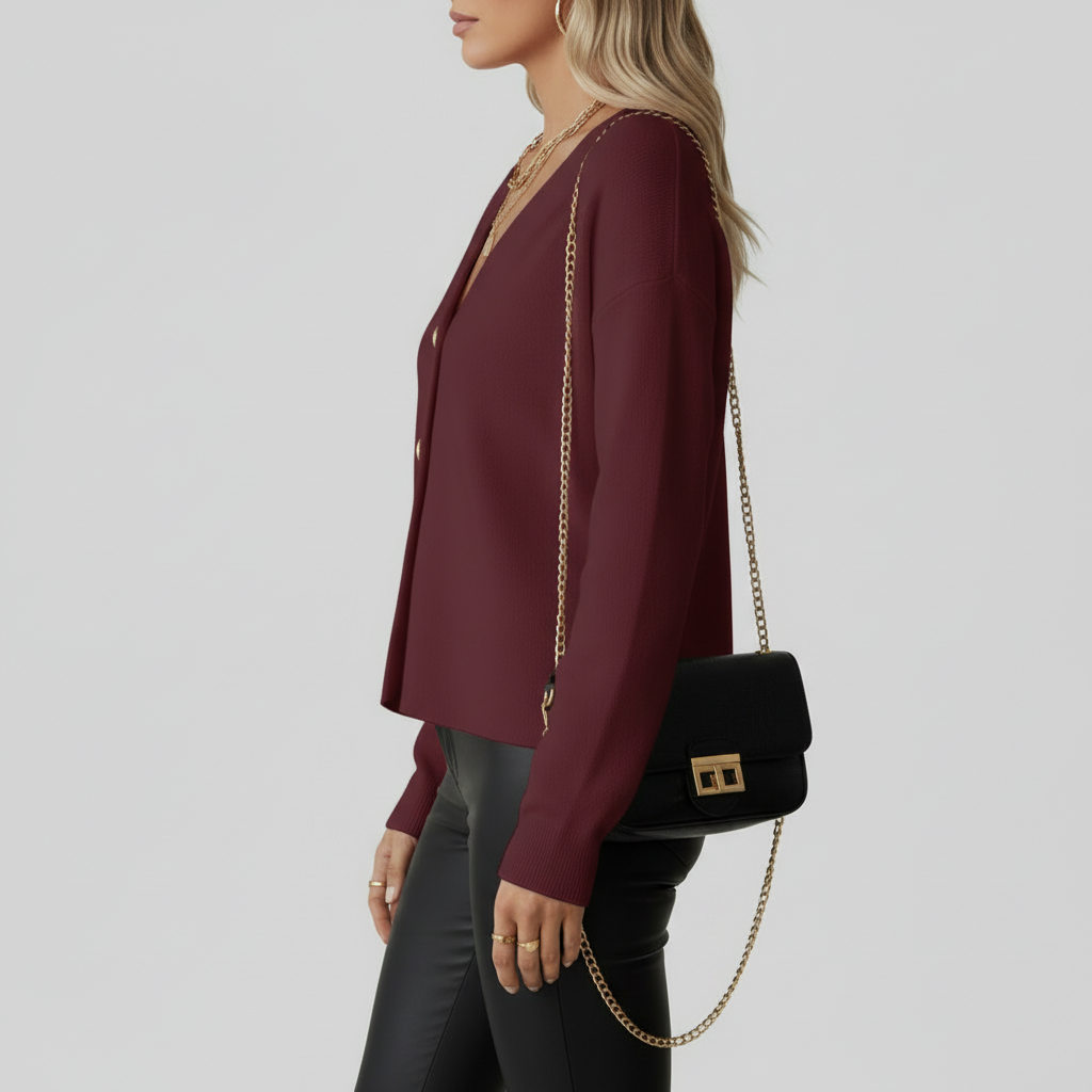Burgundy cardigan side view