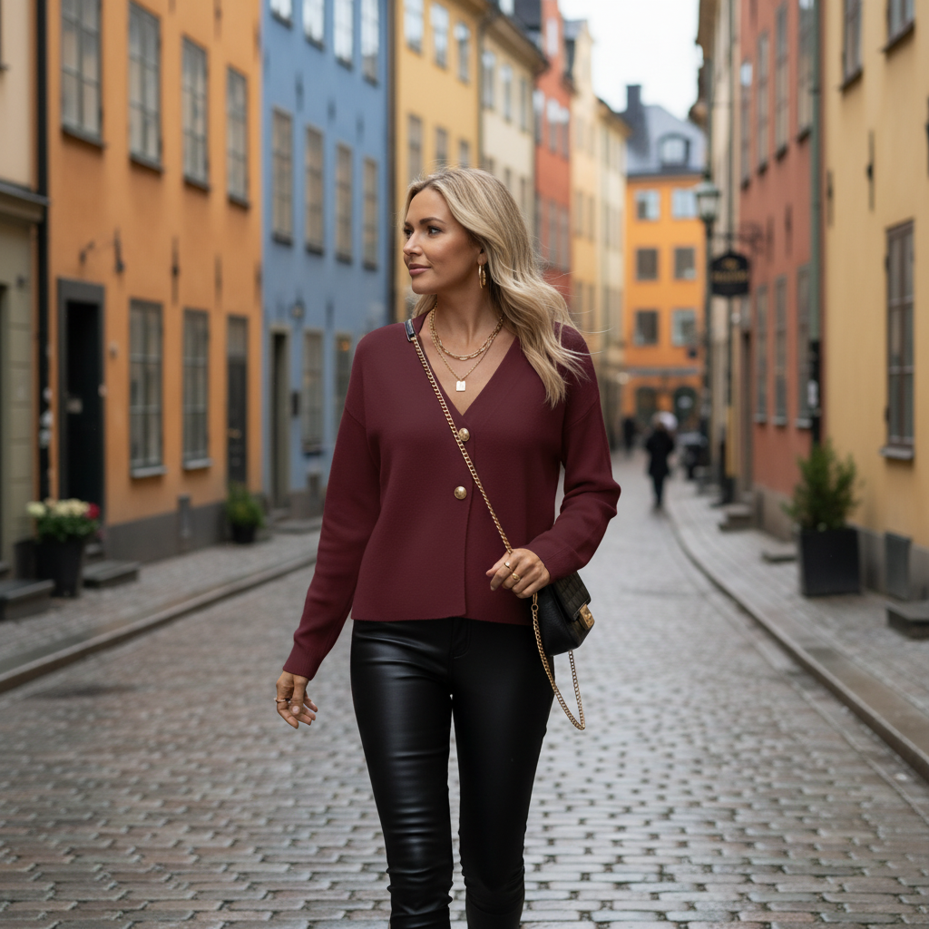 Burgundy cardigan Stockholm street 3
